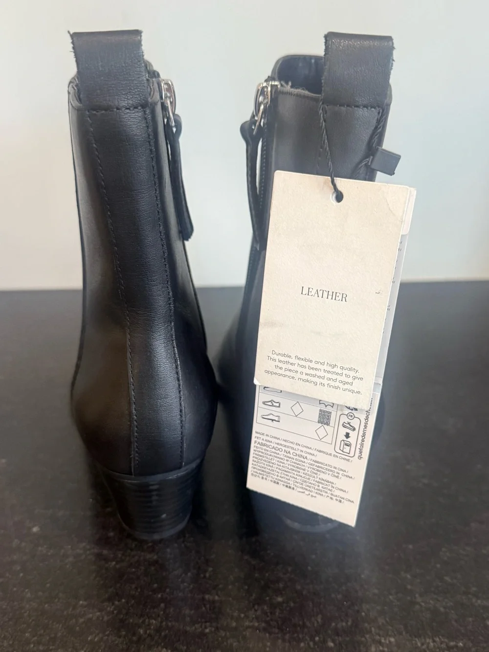 Mango Black Leather Square Toe Ankle Boots  BLOCK HEEL US 6 Euro 36 new
